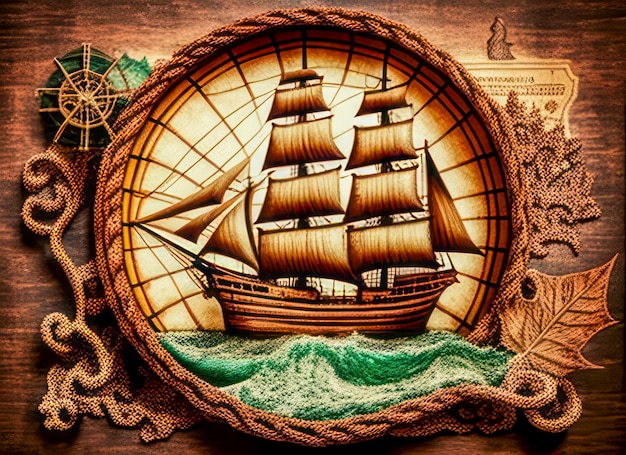 Nautical Theme Artwork with Wooden Ship and Rope Frame