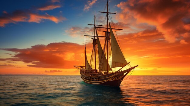 nautical vessel sails into tropical beauty at dawn