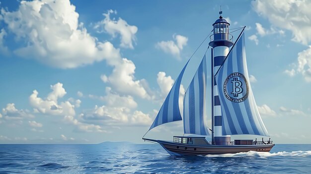 Foto nautical wallpaper met bitcoin op een zeilboot of l illustration crypto trading backgroundi