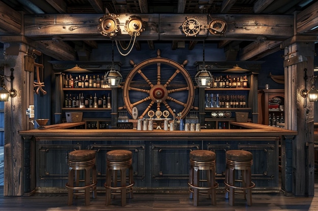 Nauticalthemed bar with ship wheel decor octane re