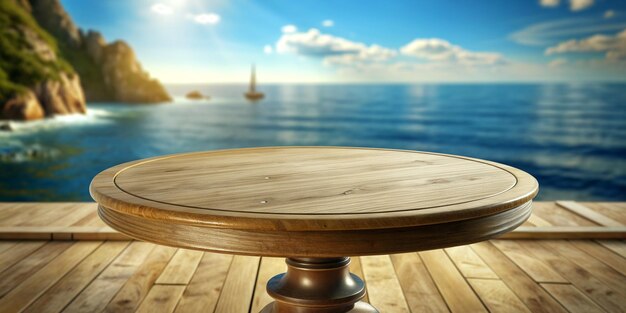 海洋テーマの空のテーブルと柔らかく非焦点の背景