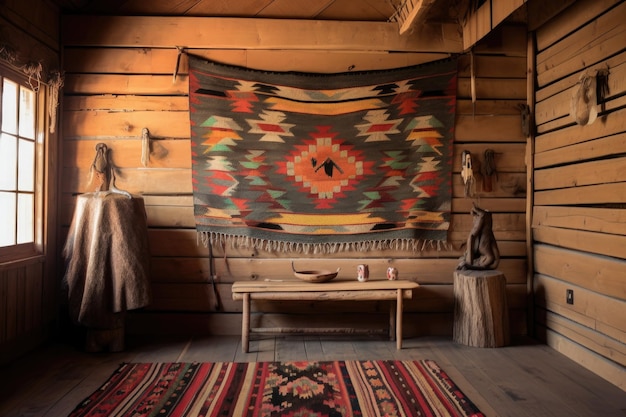 Navajo rug hanging on a rustic wooden wall created with generative ai