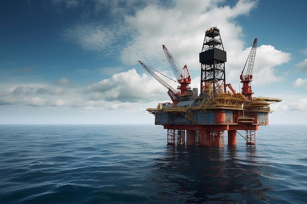 The naval architecture of an oil rig floating in the vast ocean surrounded by water and sky showcases engineering marvel amidst fluid and liquid environment