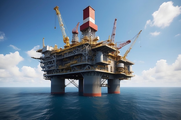 Военно-морская архитектура нефтяной буровой установки, плавающей в огромном океане, окруженной водой и небом, демонстрирует инженерное чудо среди жидкой и жидкой среды.