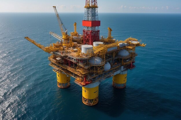 Foto l'architettura navale di una piattaforma petrolifera che galleggia nel vasto oceano circondata da acqua e cielo mostra la meraviglia dell'ingegneria in mezzo a un ambiente fluido e liquido