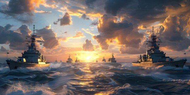 Photo naval fleet in sunset ocean background military warships on sea at dusk background ai generated