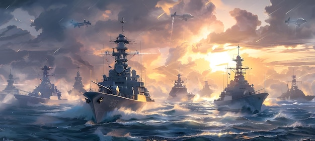 Photo naval fleet in sunset ocean background military warships on sea at dusk background ai generated