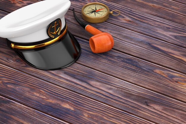 Naval Officer, Admiral, Navy Ship Captain Hat with Vintage Smoking Tobacco Pipe and Brass Compass on a wooden table. 3d Rendering