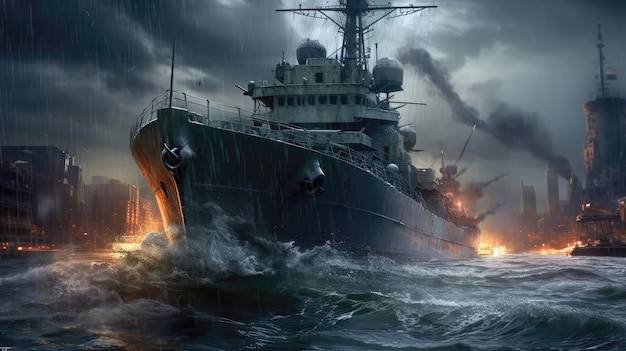 Photo naval vessel crashes in a storm generative ai