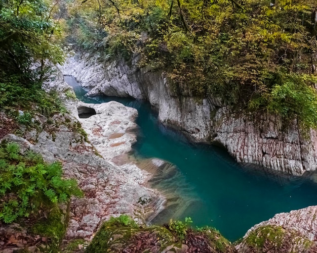 Navalishchenskoe峡谷、Bolshaya Khosta川の峡谷、ソチクラスノダール地方、秋の森の白い岩とターコイズブルーの水