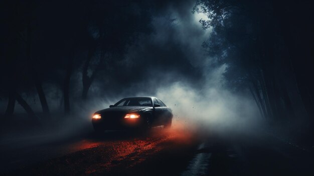 写真 濃霧の中を車で移動し夜間の危険な道路状況に直面する
