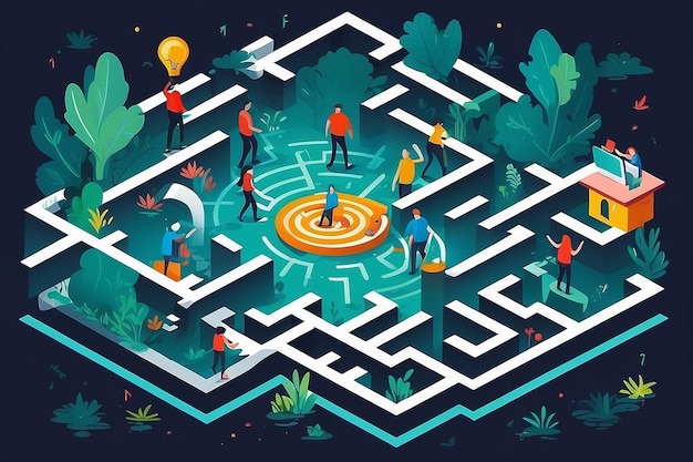 Navigating Challenges Team Solving a Maze Together Flat Style Vector Illustration