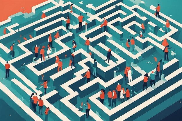 Navigating Challenges Team Solving a Maze Together Flat Style Vector Illustration