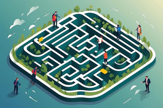 Navigating Challenges Team Solving a Maze Together Flat Style Vector Illustration