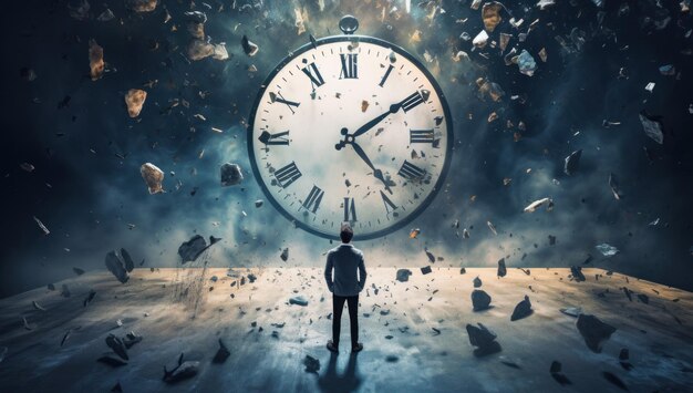 Photo navigating chaos a man stands amidst the ticking clock balancing success time management and the path to achieving business excellence