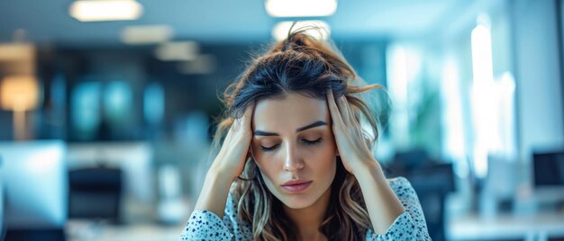 Foto una donna stressata in ufficio fa luce sul burnout dei dipendenti che fanno gli straordinari
