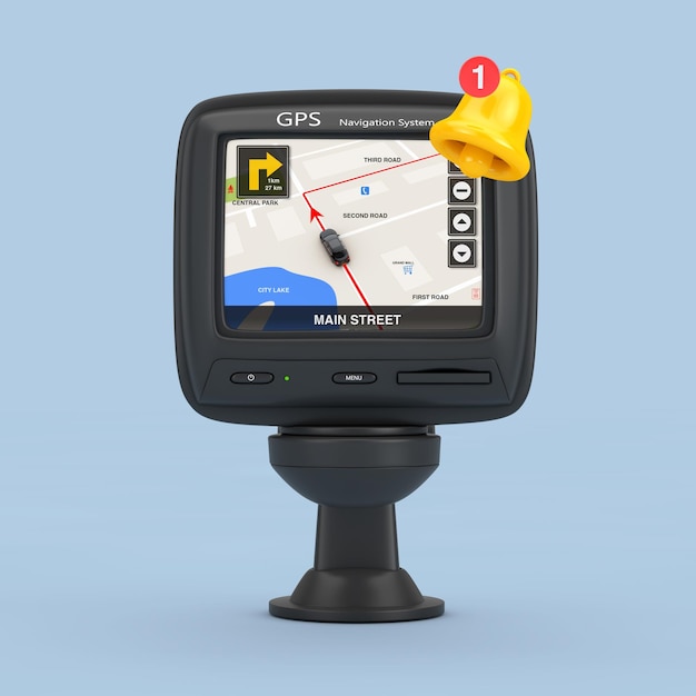 탐색 및 글로벌 포지셔닝 시스템 GPS 장치 화면에 탐색 도시 지도 및 새 메시지 아이콘 3d 렌더링이 있는 만화 소셜 미디어 알림 벨