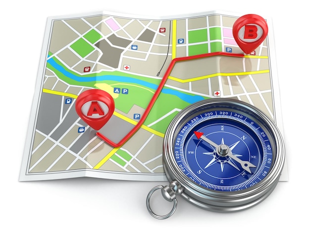 Navigation and gps concept. Compass and map. 3d