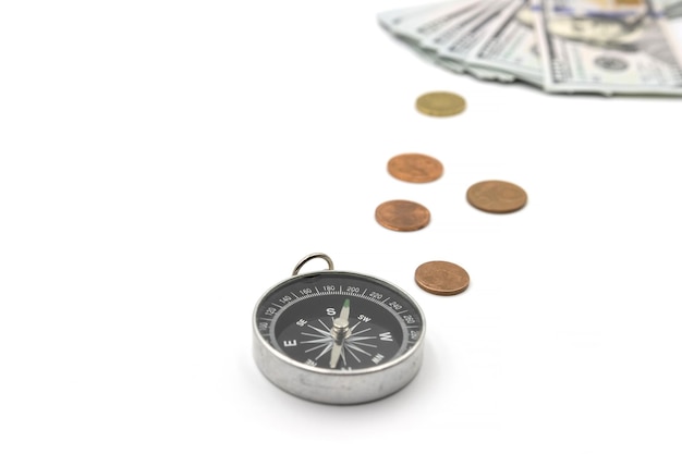 Navigational compass points to us money