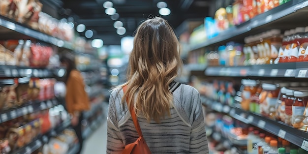 Navigeren door een drukke supermarkt gang Vrouw winkelen voor boodschappen Concept Supermarkt winkelen Bezig gangwinkel Grocery List Vrouw shopper drukke winkel