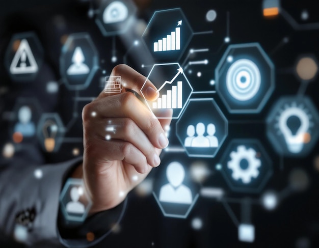 Navigeren door gegevensstromen Een hand die interageert met digitale infografieken voor groei