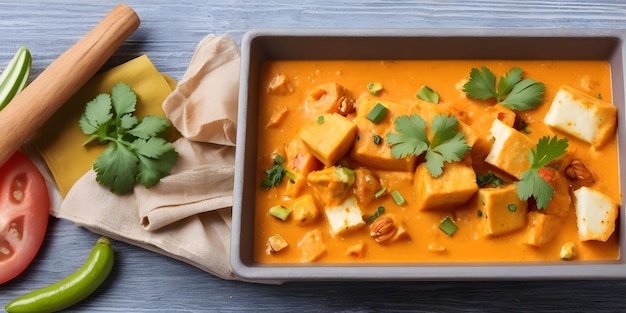 Navrattan korma Groenten Noten Paneer kaas in een tomaten room saus