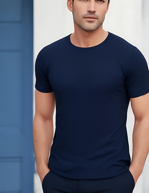 Navy blue blank tshirt man model front view mockup