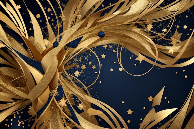 Navy blue gold festive particle background with golden light shine bokeh and luxurious foil texture