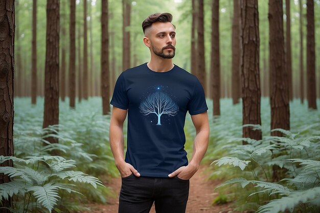 Photo navy blue minimalist tshirt mockup in the forest generative ai