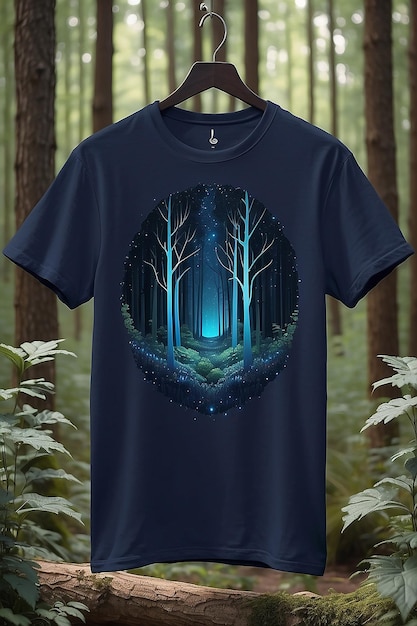 Photo navy blue minimalist tshirt mockup in the forest generative ai