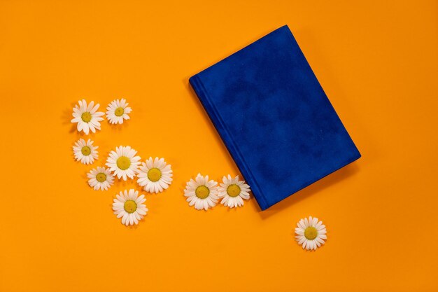 Navy blue notepad with white sheets and white daisies on summer orange background Plans for summer to do list