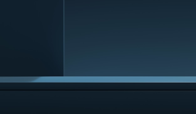Темно-синяя подставка для фона продукта или постамент подиума на рекламном счетчике с пустыми фонами. 3D-рендеринг.
