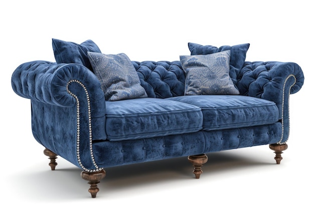 Photo navy blue sofa with pillows on wooden legs isolated on white darck blue suede couch isolated