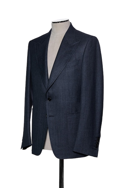 A navy blue suit with a black collar and a white shirt