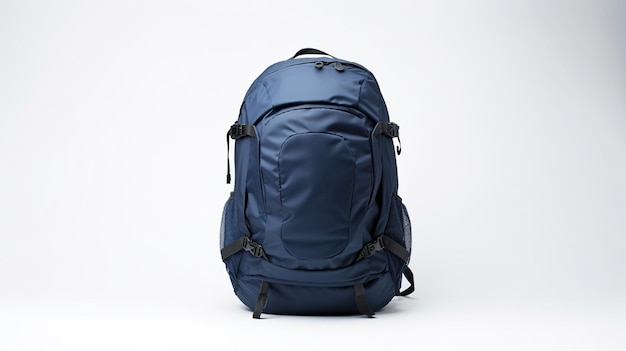 Foto navy blue travel backpack bag geïsoleerd op witte achtergrond met kopieerruimte voor reclame