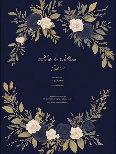 Navy blue wedding invitation card with beautiful flowers