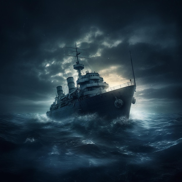 Navy Destroyer in high seas on the ocean at night with a full moon