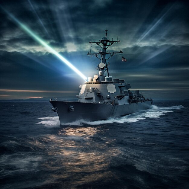 Navy Destroyer in high seas on the ocean at night with a full moon
