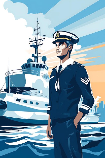 Foto navy sailor aboard a warship deep blue sea colors clean e poster design 2d a4 idee creative