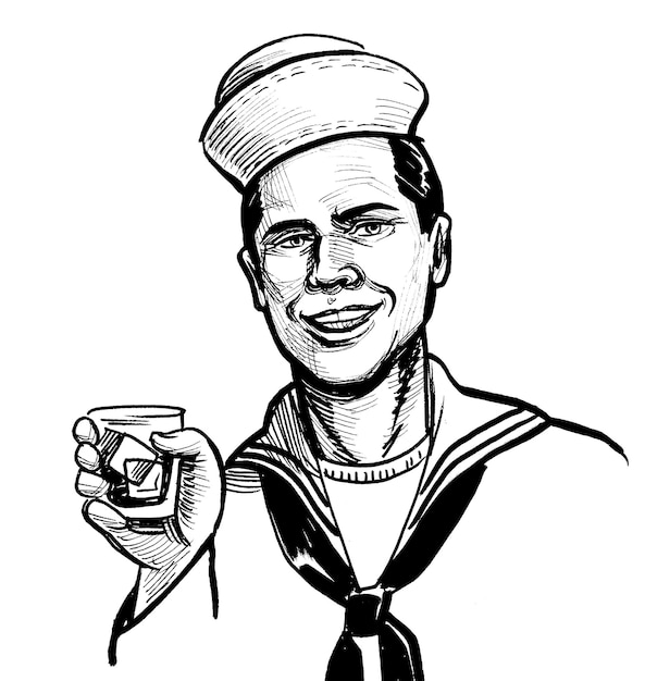 Navy sailor drinking a glass of rum. Ink black and white drawing