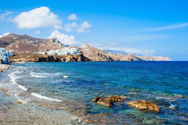 Naxos island aerial panoramic view. Naxos is the largest of the Cyclades island group in the Aegean, Greece