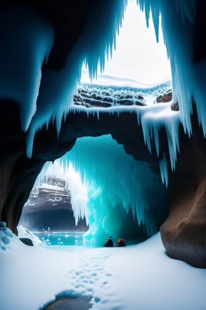 Photo a neanderthal caveman in the ice cave snow 1