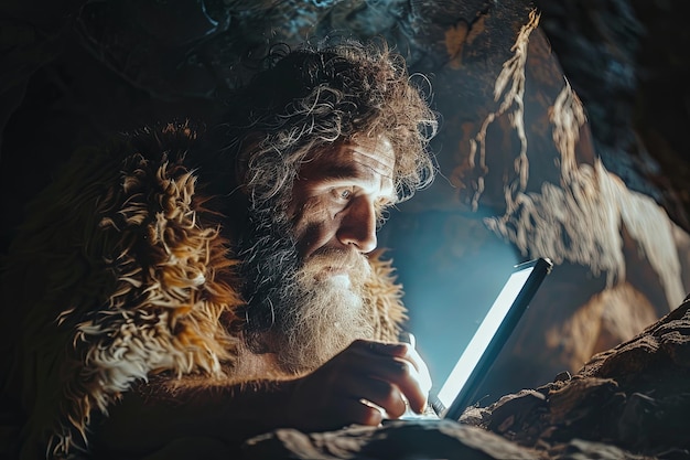neanderthal caveman using a stone pc computer
