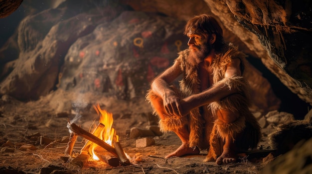 Neanderthal man sits by fire in cave portrait of caveman near bonfire against primitive art life of people in prehistoric era Concept of Homo Sapiens ancient Stone Age