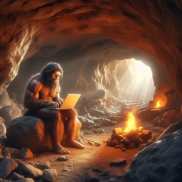 Neanderthal Man with a laptop sitting in a cave 3d rendering
