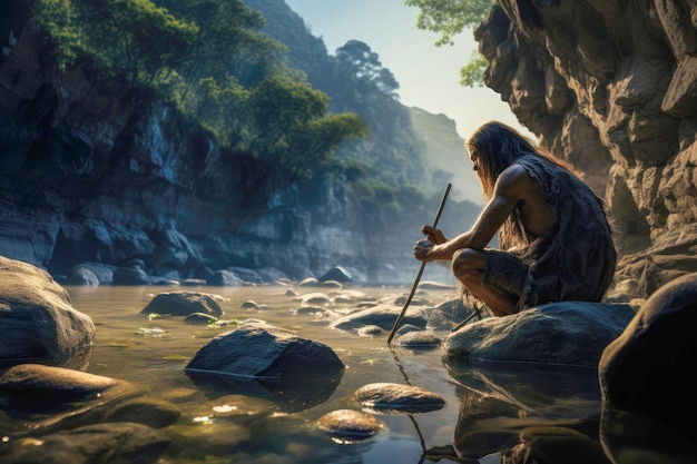 Neanderthal using primitive fishing technique in a river