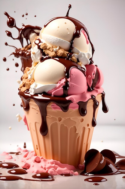 Neapolitan ice cream with chocolate splash