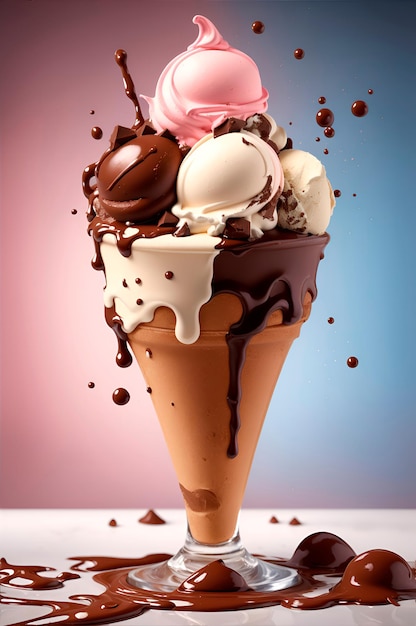 Neapolitan ice cream with chocolate splash