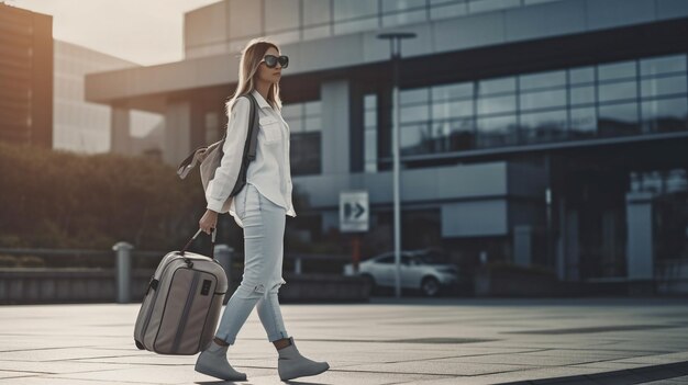 Foto vicino al terminal dell'aeroporto si vede una viaggiatrice che trasporta bagagli ia generativa