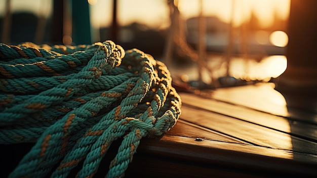 Near the sailboat a rope is positioned ready for maritime adventures